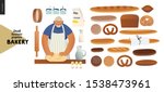 Bakery -small business illustrations -baker and bread - modern flat vector concept illustration of a baker kneading the dough. Weat, rye bread, loaf, grain, pretzel, bun, roll, french baguette