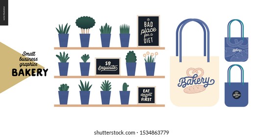 Bakery - small business illustrations - decoration -modern flat vector concept illustration of shop interior decoration - plants and quotes on blackboards, and branded tote bag - constructor set