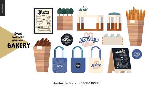 Bakery -small business illustrations -decoration elements - modern flat vector concept illustration of various interior shop elements, bread baskets, branded bags, stand, menu, logo - constructor set