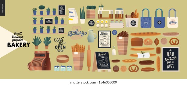 Bakery -small business illustrations -bakery elements - modern flat vector concept illustration of various bread, logo, cash register, bakery utencils and interior elements - constructor set