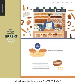 Bakery -small business illustrations -landing page design template -modern flat vector concept illustration of bread shop web page design -vendor at the counter, bread, kneading the dough, sieve, eggs