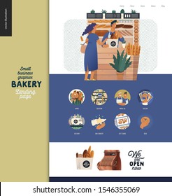 Bakery -small business illustrations -landing page design template -modern flat vector concept illustration of bread shop web page design -vendor and bayer, icons, cash register, bread