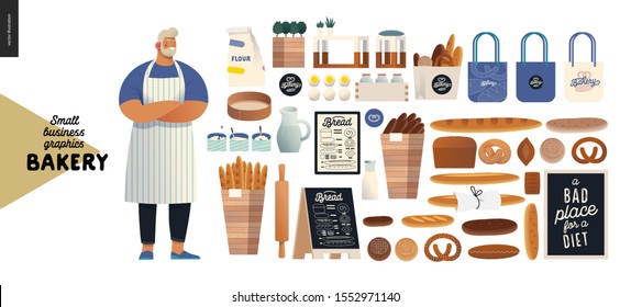 Bakery -small business illustrations - modern flat vector concept illustration of baker wearing apron, bread, logo, cash register, bakery utencils, interior and branded elements - constructor set