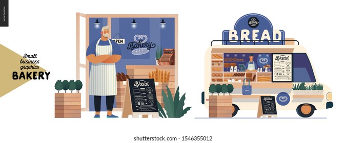 Bakery -small business illustrations -bakery owner and food truck -modern flat vector concept illustration of a baker wearing apron in front of the shop facade, bread street food truck van in the park