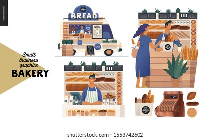 Bakery -small business illustrations set -modern flat vector concept illustration of bakery vendor and buyer, food truck, shop assistant at the counter, bag of bread, cash register