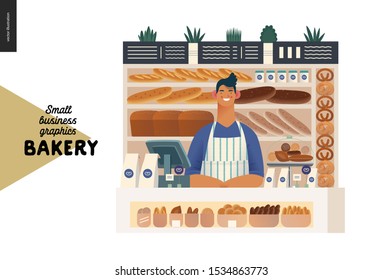 Bakery -small business illustrations -bakery vendor -modern flat vector concept illustration of a shop assistant wearing apron at the counter with display case and shelves full of bread behind