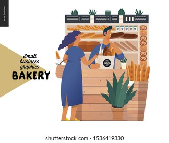Bakery -small business illustrations -bakery vendor and buyer -modern flat vector concept illustration of a shop assistant wearing apron at the counter with display case and a woman buying bread