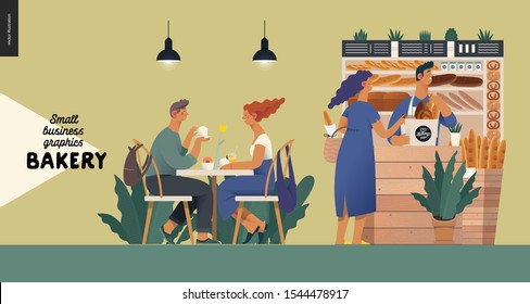 Bakery -small business illustrations -bakery vendor and buyers -modern flat vector concept illustration -shop assistant at the counter with display case and a woman buying bread. Visitors at the table