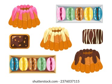 Bakery snacks, desserts, chocolate cookies, mini bundts cake, and macarons. Delicious. Vector illustration isolated on a white background.