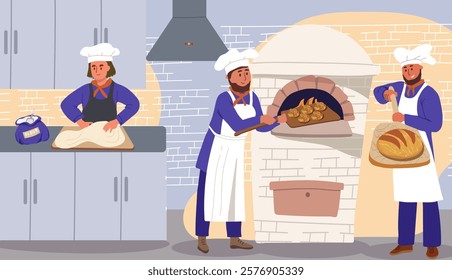 Bakery space, dough kneading, baking in oven, people, characters. Hand drawn vector illustration.