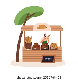 Bakery stall at outdoor market. Artisan baker behind kiosk counter, selling fresh sourdough bread, baguettes, buns. Baked produce at local stand. Flat vector illustration isolated on white background