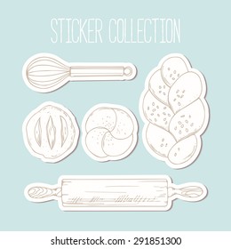 Bakery sticker collection with hand drawn food and culinary objects in vector.  Sketch style groceries goods illustration
