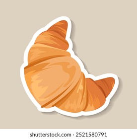 Croissant adhesivo de panadería. Cocina tradicional francesa. Productos de pastelería y panadería caseros. Harina fresca. Dulce postre y delicadeza. Cartel o Anuncio. Ilustración vectorial plana