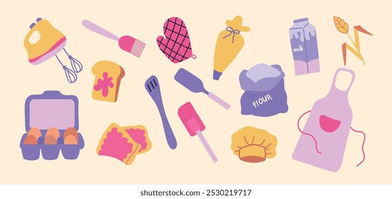 Bakery stickers mixer, eggs, chief's hat, flour, kitchen spatulas. Vector doodle kitchen stickers.