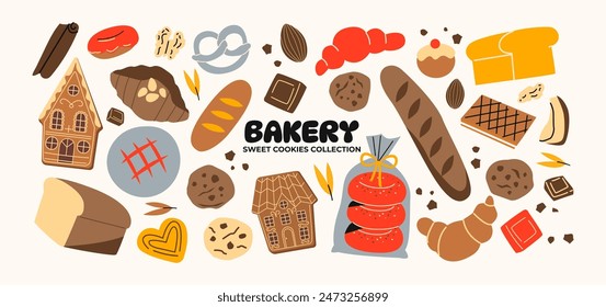 Bakery stickers pastries, bread, croissants, baguette, cookies. Vector labels, patches, sweet pastries, candies, products.