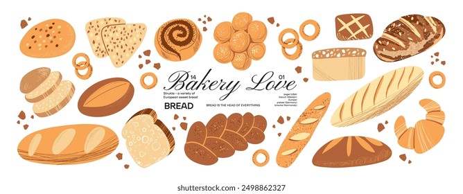 Pegatinas de panadería, bollería, pan, croissants, baguette, galletas. Etiquetas de Vector, parches, dulces, caramelos, productos.