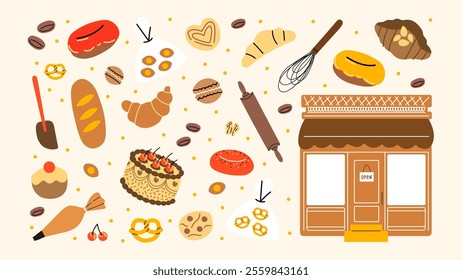 Bakery stickers pastries, bread, croissants, baguette, cookies. Vector labels, patches, sweet pastries, candies, products