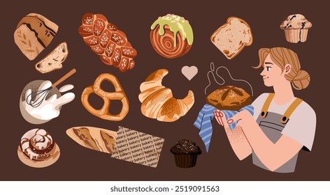 Bakery stickers set . Cartoon style, groovy illustration of a bakery, coffee house, bread, croissants, cakes. The baker bakes bread