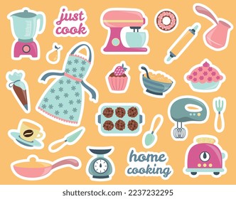 Bakery stickers set. Collection of graphic elements for website. Cooking utensils, dough mold, apron, muffin and juicer with lemon. Cartoon flat vector illustrations isolated on yellow background