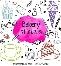 Bakery stickers. vector illustration. Sweets and coffee.
Candy, donut, cupcake, ice cream, tea, sugar, cake. Hand drawn dessert element.
