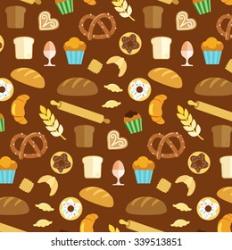 bakery store and baking icons pattern with dark brown background