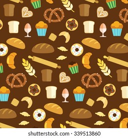 bakery store and baking icons pattern with dark brown background
