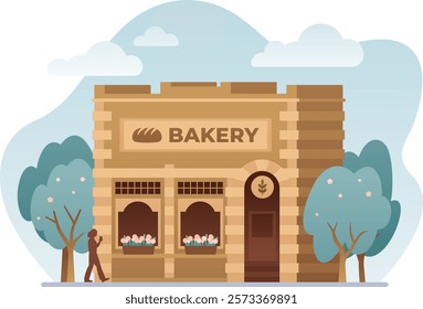 Bakery store building flat, color illustration. Isolated shop entrance. Street graphic on white background. Local business facade. Old vintage architecture of downtown.