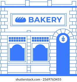 Bakery store building line art illustration. Isolated icon on white background. One color blue outline graphic. Local business infographic. Old vintage architecture of downtown. Editable stroke.