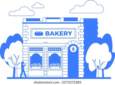 Bakery store building one color line illustration. Isolated icon on white background. Blue outline graphic art. Local business infographic. Old vintage architecture of downtown. Editable stroke.