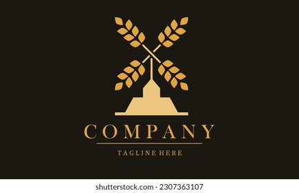 bakery store company logo vector icon. Design logo cake and bread with wheat windmill suitable for bakery, cake industrial, food store, cafe company logo.