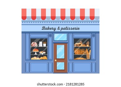 Bakery store front, facade with bread and pastry variety. Flat vector illustration isolated on white background.