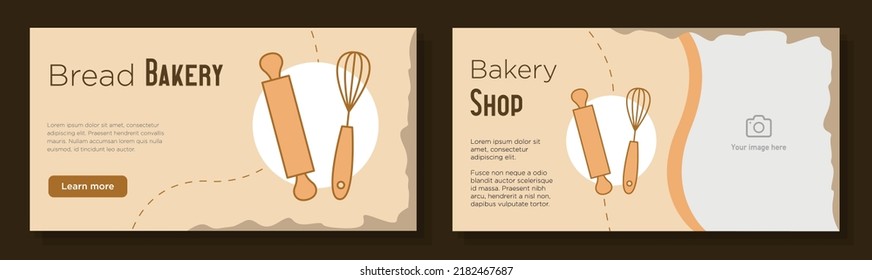 Bakery store online banner template set, fresh bread baking advertisement sign, lunch shop horizontal ad, cooking tools content marketing post, creative brochure, isolated on background.