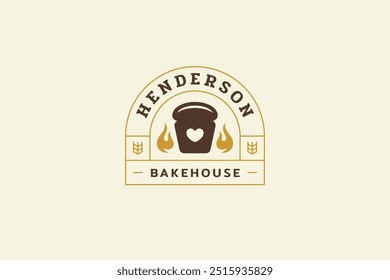 Bäckerei Shop Retro-Logo-Design-Vorlage für Café-Brot mit Weizen Vektor flache Illustration. Bäckerei Konditorei kulinarisch frischer Kuchen Kochen alten Stil minimalistischen Logotyp mit Feuer Dekorelement