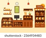 Bakery Store Vector Illustration with Various Types of Bread Products for Sale and Shop Interior in Flat Cartoon Background Design Template
