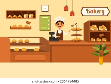 Ilustración vectorial de la tienda de panaderías con varios tipos de productos de pan para venta y tienda interior en plantilla de diseño de fondo de dibujos planos