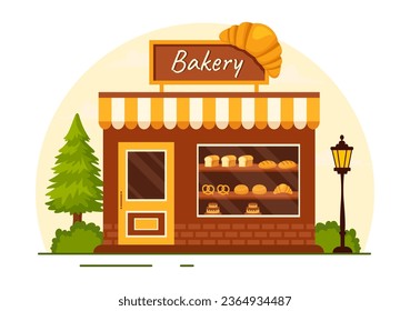 Bakery Store Vector Illustration with Various Types of Bread Products for Sale and Shop Interior in Flat Cartoon Background Design Template
