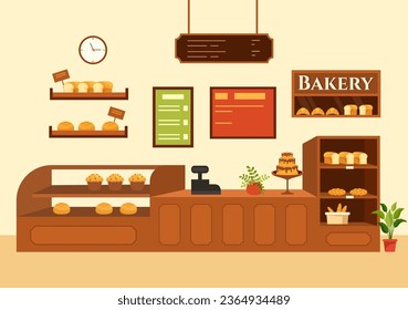 Bakery Store Vector Illustration with Various Types of Bread Products for Sale and Shop Interior in Flat Cartoon Background Design Template