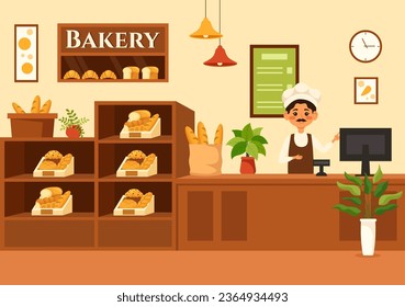 Bakery Store Vector Illustration with Various Types of Bread Products for Sale and Shop Interior in Flat Cartoon Background Design Template