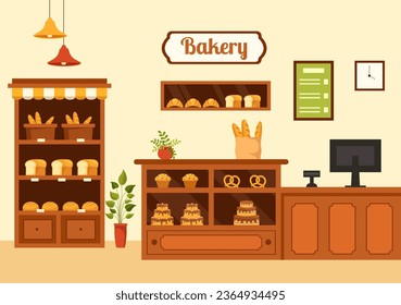 Bakery Store Vector Illustration with Various Types of Bread Products for Sale and Shop Interior in Flat Cartoon Background Design Template