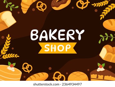 Ilustración vectorial de la tienda de panaderías con varios tipos de productos de pan para venta y tienda interior en plantilla de diseño de fondo de dibujos planos