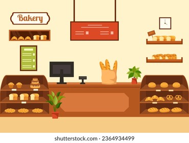 Bakery Store Vector Illustration with Various Types of Bread Products for Sale and Shop Interior in Flat Cartoon Background Design Template