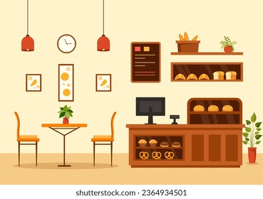 Bakery Store Vector Illustration with Various Types of Bread Products for Sale and Shop Interior in Flat Cartoon Background Design Template