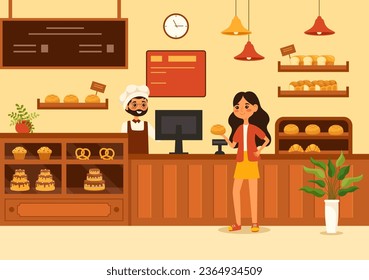 Bakery Store Vector Illustration with Various Types of Bread Products for Sale and Shop Interior in Flat Cartoon Background Design Template