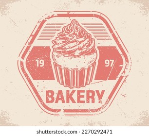 Bakery store vintage logotype monochrome with sweet appetizing dessert cupcake with whipped cream for promotional products confectionery vector illustration