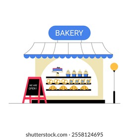 Bakery Storefront With Display Of Pastries And Bread In Flat Vector Illustration Symbolizing Retail, Food Shop, And Bakery Business, Isolated On White Background