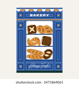 Bakery storefront with fresh breads. Various kind of bread. Vector illustration