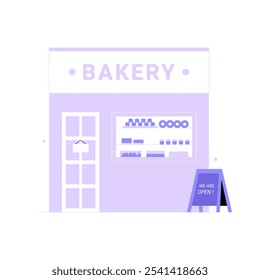 Bakery Storefront With Open Sign In Flat Vector Illustration Symbolizing Fresh Baked Goods, Local Business, And Warm Ambiance, Isolated On White Background