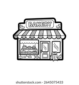 Loja de padaria com toldo listrado e exibição de pastelaria - Ilustração vetorial