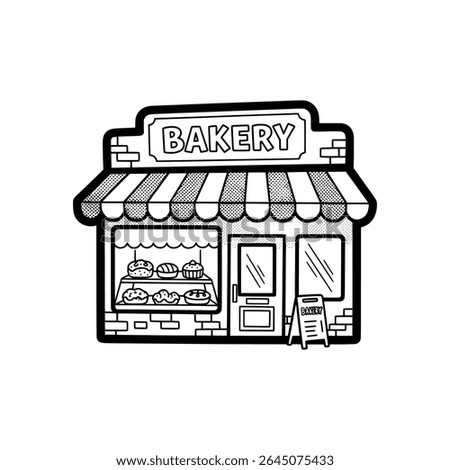 Bakery storefront with striped awning and pastry display – Vector Illustration