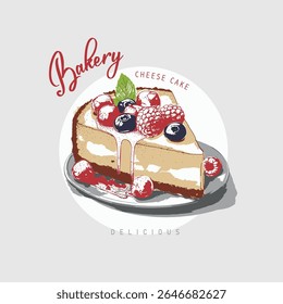 Bakery Strawberry cheese Cake Graphic, Hand Drawn cake design , strawberry black berry cake, summer food prints, hand writing text print design, women's graphic tee, slogan t-shirt design